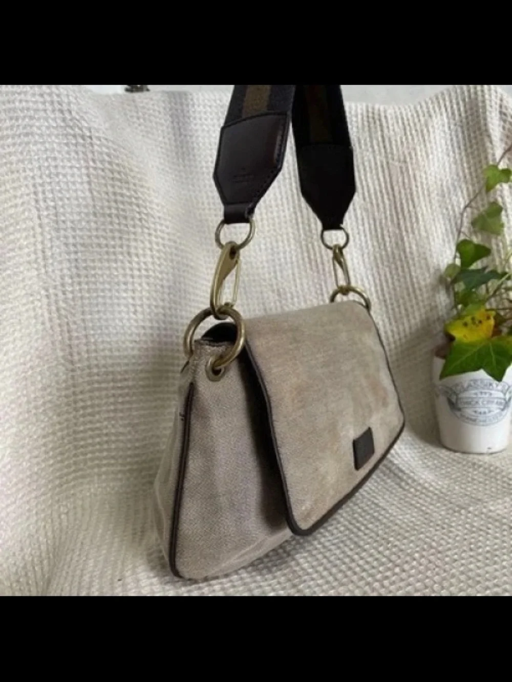 Gucci Taupe Canvas Shoulder Bag with Dark Brown Trim